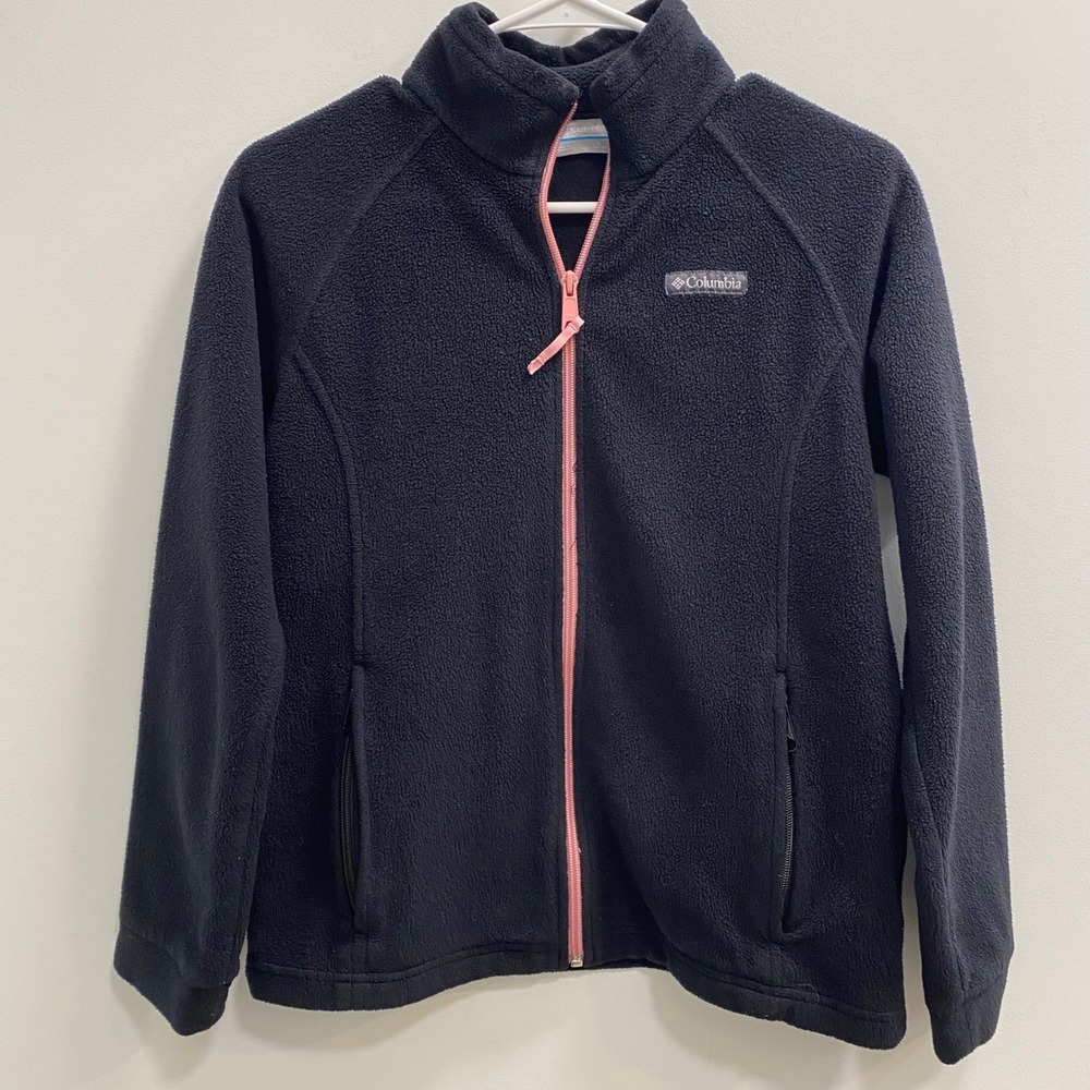 Columbia Fleece Jacket Girls L 14/16 Black Benton Springs Full Zip Pink Trim